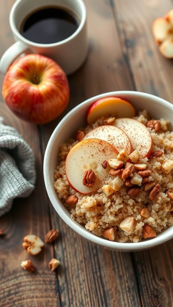 A cozy bowl of apple cinnamon quinoa topped with apple slices and nuts on a wooden table.